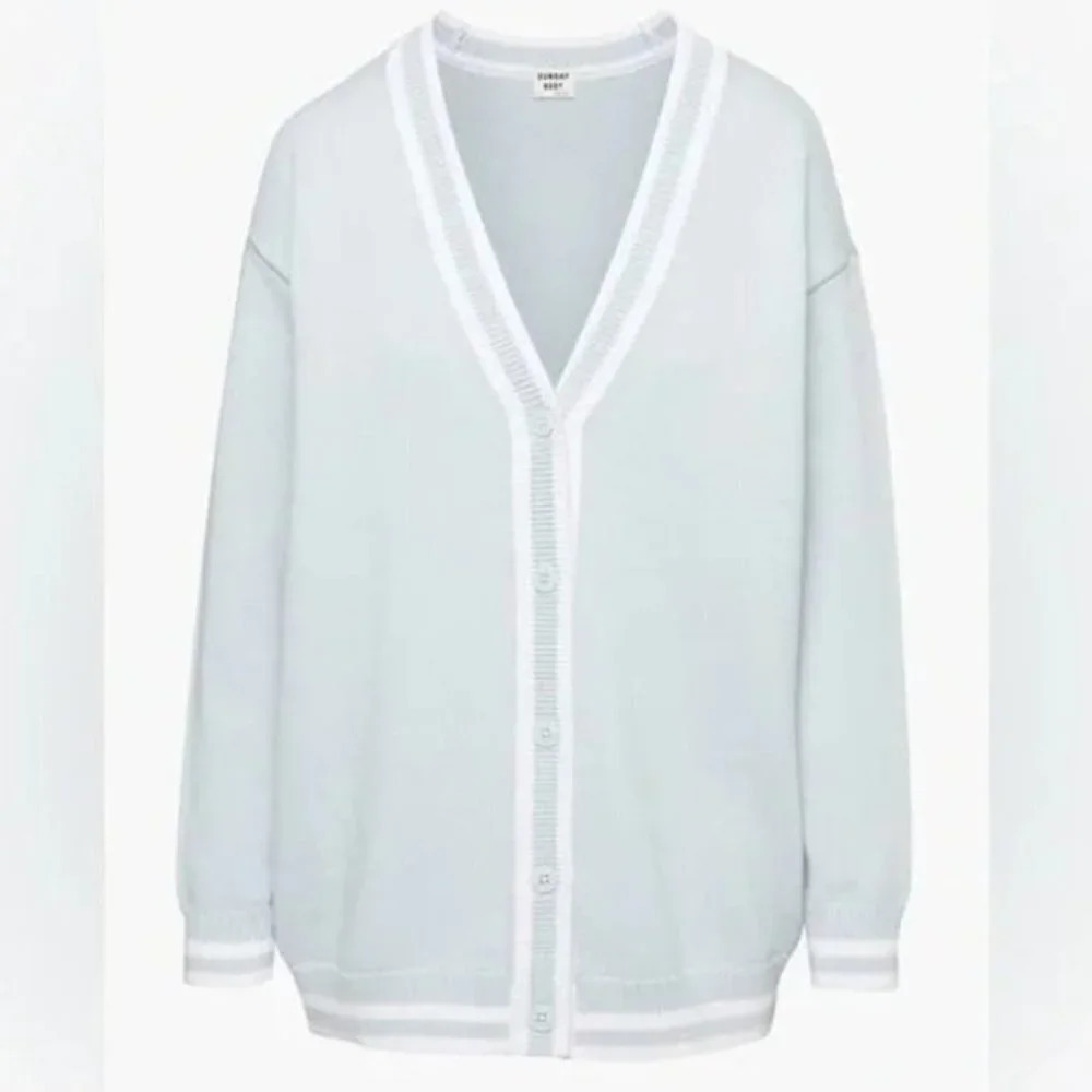 Sunday Best Lamora V-Neck Striped Button Front Cardigan Varsity Style Blue Small